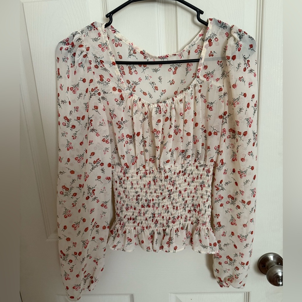 Floral Print Smocked Blouse - Cream and Red